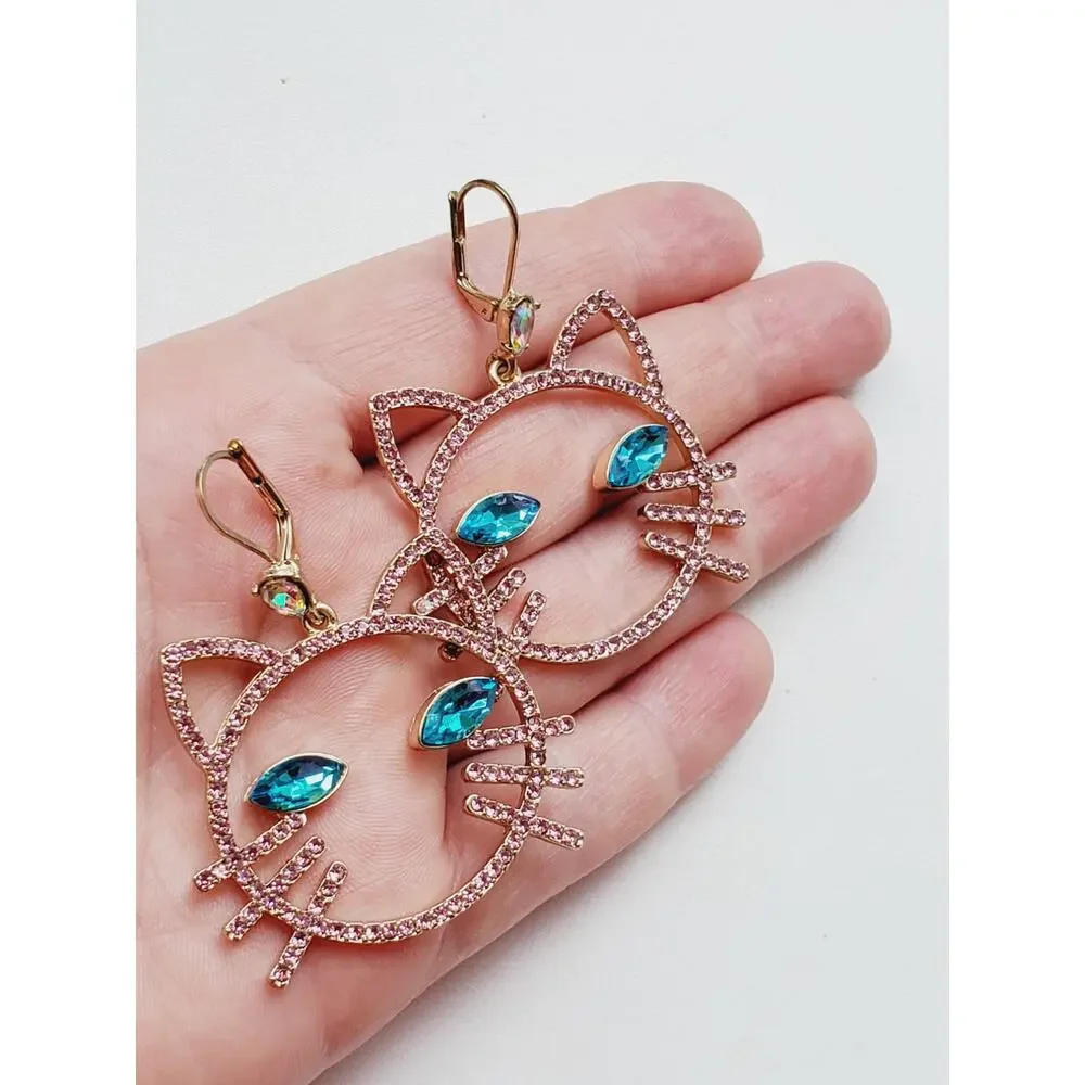 Betsey Johnson Women's Pink Stone Open Cat Face Drop Earrings Fashion Jewelry